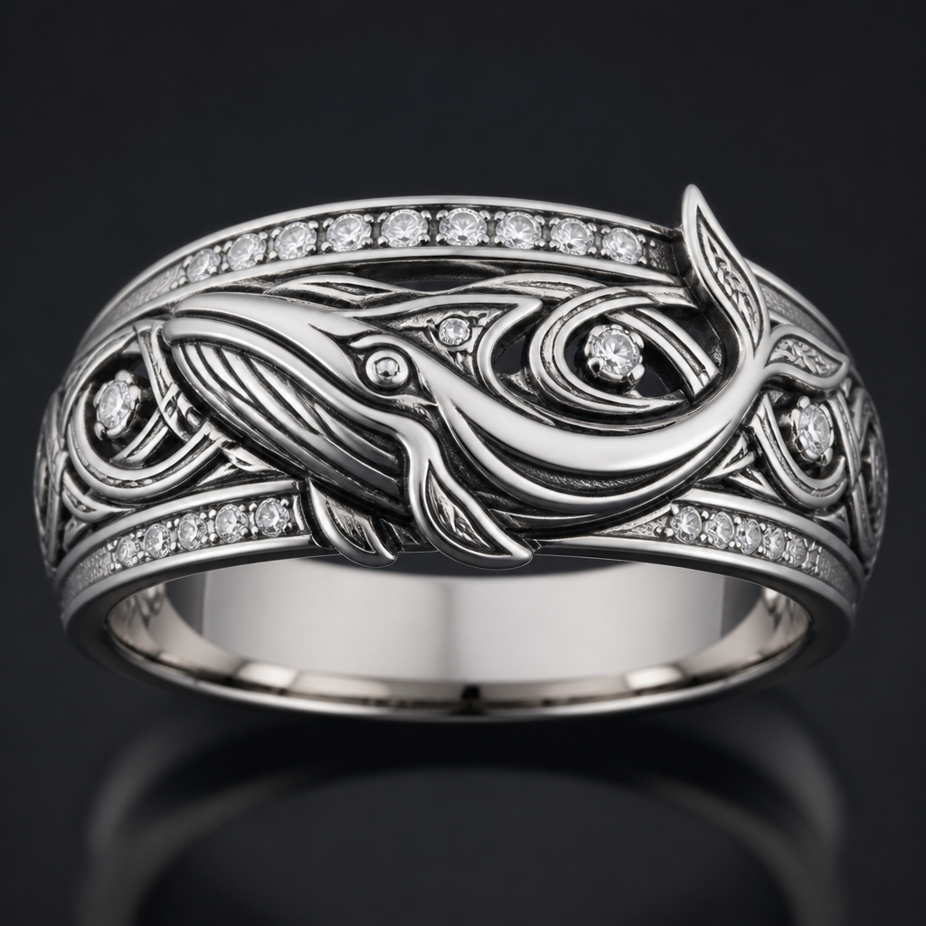A celtic men's ring made of platinum with diamond stones suitable for formal. make a great whale
photorealistic jewelry design, A celtic men's ring made of platinum with diamond stones suitable for formal. make a great whale, celtic style, just the design no text