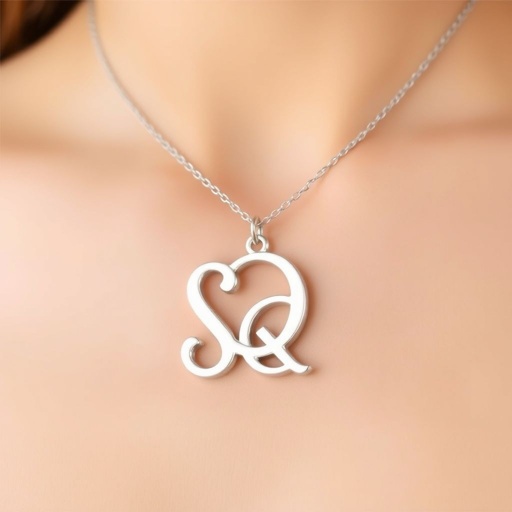 silver necklace with the pendant in conjoined letters SQ with white  stones. Make it cute and simple 