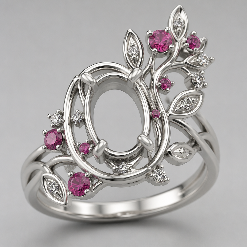 Create a highly accurate 3D jewelry design based on the supplied reference image. Reproduce the ring’s overall architecture, proportions, stone placement, flowing metalwork, and botanical aesthetic as closely as possible.
The ring is an elegant white-gold botanical/Art Nouveau–inspired cocktail ring built around a vertically oriented oval black lightning ridge opal cabochon center stone. The center stone is held by four substantial sculptural claw prongs positioned approximately at the upper-left, upper-right, lower-right, and lower-left quadrants. The claws should emerge organically from the surrounding metalwork rather than appearing as separate straight prongs.
Surround the center stone with a thin polished oval support/gallery following the stone’s outline. From this central structure, create asymmetrical flowing vines and branches that sweep outward across the shoulders of the ring. The vines should form graceful S-curves and loops, creating an open, airy framework rather than a solid halo.
Incorporate leaf-shaped elements into the vines. Each leaf should have a pointed marquise-shaped outline, polished raised border, recessed interior, and a small round accent-stone setting centered within it. Leaves should appear to grow naturally from the curved branches.
Add alternating round ruby and diamond accent settings throughout the vine structure. Use several different accent-stone sizes rather than making every stone identical. Larger rubies should act as visual anchors, with smaller rubies and diamonds filling transitional spaces. All round stones should use delicate individual prong settings integrated into the vines.
Preserve the reference image’s intentionally asymmetrical composition: the right side rises higher and contains a more elaborate cluster of leaves, rubies, and diamonds, while the left side remains slightly lower and more restrained. Despite the asymmetry, the finished design should feel visually balanced around the center stone.
The shoulders should transition into split, intertwined vine-like rails, eventually merging smoothly into a conventional polished rounded band toward the bottom of the shank. Maintain open negative spaces between the vines so the ring remains delicate rather than becoming a solid mass of metal.
Important construction details: all decorative vines must physically connect to the main gallery or shoulders; every gemstone setting must have adequate metal beneath it; no floating components; no unsupported prongs; no impossibly thin wires; no intersecting geometry. Prongs should have sufficient thickness for casting and final stone setting. The center basket should provide continuous structural support beneath the cabochon while allowing an open underside.
Finish: highly polished white gold, smooth organic transitions, rounded edges, fine-jewelry proportions, realistic castable construction. Avoid bulky CAD geometry, oversized prongs, generic halo-ring architecture, perfect bilateral symmetry, or disconnected decorative elements.
Priority: match the reference ring’s silhouette and layout before introducing any creative interpretation. Treat the supplied image as the primary design reference. The finished model should immediately be recognizable as the same ring when viewed from the same three-quarter angle.
Required dimensions: US ring size 7. Center setting designed specifically for a 6.0 × 7.2 mm oval cabochon. Model the center stone only as a removable reference volume; final manufacturing model should contain an empty seat for the cabochon. All accent gemstones should likewise be represented as setting blanks/seats rather than permanent stones. Preserve the apparent proportions of the reference design while scaling the surrounding ornamentation appropriately around the 6.0 × 7.2 mm center.
Design for lost-wax investment casting and subsequent hand stone setting. Use practical minimum wall thicknesses, structurally supported galleries, properly connected prongs, accessible stone seats, and sufficient finishing allowance. Produce a watertight/manifold solid suitable for STL export, with no floating shells, non-manifold edges, self-intersections, or decorative geometry that cannot be cast or finished.
photorealistic jewelry design, Create a highly accurate 3D jewelry design based on the supplied reference image. Reproduce the ring’s overall architecture, proportions, stone placement, flowing metalwork, and botanical aesthetic as closely as possible.
The ring is an elegant white-gold botanical/Art Nouveau–inspired cocktail ring built around a vertically oriented oval black lightning ridge opal cabochon center stone. The center stone is held by four substantial sculptural claw prongs positioned approximately at the upper-left, upper-right, lower-right, and lower-left quadrants. The claws should emerge organically from the surrounding metalwork rather than appearing as separate straight prongs.
Surround the center stone with a thin polished oval support/gallery following the stone’s outline. From this central structure, create asymmetrical flowing vines and branches that sweep outward across the shoulders of the ring. The vines should form graceful S-curves and loops, creating an open, airy framework rather than a solid halo.
Incorporate leaf-shaped elements into the vines. Each leaf should have a pointed marquise-shaped outline, polished raised border, recessed interior, and a small round accent-stone setting centered within it. Leaves should appear to grow naturally from the curved branches.
Add alternating round ruby and diamond accent settings throughout the vine structure. Use several different accent-stone sizes rather than making every stone identical. Larger rubies should act as visual anchors, with smaller rubies and diamonds filling transitional spaces. All round stones should use delicate individual prong settings integrated into the vines.
Preserve the reference image’s intentionally asymmetrical composition: the right side rises higher and contains a more elaborate cluster of leaves, rubies, and diamonds, while the left side remains slightly lower and more restrained. Despite the asymmetry, the finished design should feel visually balanced around the center stone.
The shoulders should transition into split, intertwined vine-like rails, eventually merging smoothly into a conventional polished rounded band toward the bottom of the shank. Maintain open negative spaces between the vines so the ring remains delicate rather than becoming a solid mass of metal.
Important construction details: all decorative vines must physically connect to the main gallery or shoulders; every gemstone setting must have adequate metal beneath it; no floating components; no unsupported prongs; no impossibly thin wires; no intersecting geometry. Prongs should have sufficient thickness for casting and final stone setting. The center basket should provide continuous structural support beneath the cabochon while allowing an open underside.
Finish: highly polished white gold, smooth organic transitions, rounded edges, fine-jewelry proportions, realistic castable construction. Avoid bulky CAD geometry, oversized prongs, generic halo-ring architecture, perfect bilateral symmetry, or disconnected decorative elements.
Priority: match the reference ring’s silhouette and layout before introducing any creative interpretation. Treat the supplied image as the primary design reference. The finished model should immediately be recognizable as the same ring when viewed from the same three-quarter angle.
Required dimensions: US ring size 7. Center setting designed specifically for a 6.0 × 7.2 mm oval cabochon. Model the center stone only as a removable reference volume; final manufacturing model should contain an empty seat for the cabochon. All accent gemstones should likewise be represented as setting blanks/seats rather than permanent stones. Preserve the apparent proportions of the reference design while scaling the surrounding ornamentation appropriately around the 6.0 × 7.2 mm center.
Design for lost-wax investment casting and subsequent hand stone setting. Use practical minimum wall thicknesses, structurally supported galleries, properly connected prongs, accessible stone seats, and sufficient finishing allowance. Produce a watertight/manifold solid suitable for STL export, with no floating shells, non-manifold edges, self-intersections, or decorative geometry that cannot be cast or finished., just the design no text