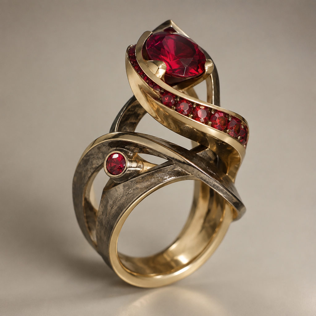 A avant-garde women's ring made of mixed metal with ruby stones suitable for gift
photorealistic jewelry design, A avant-garde women's ring made of mixed metal with ruby stones suitable for gift, avant_garde style, just the design no text