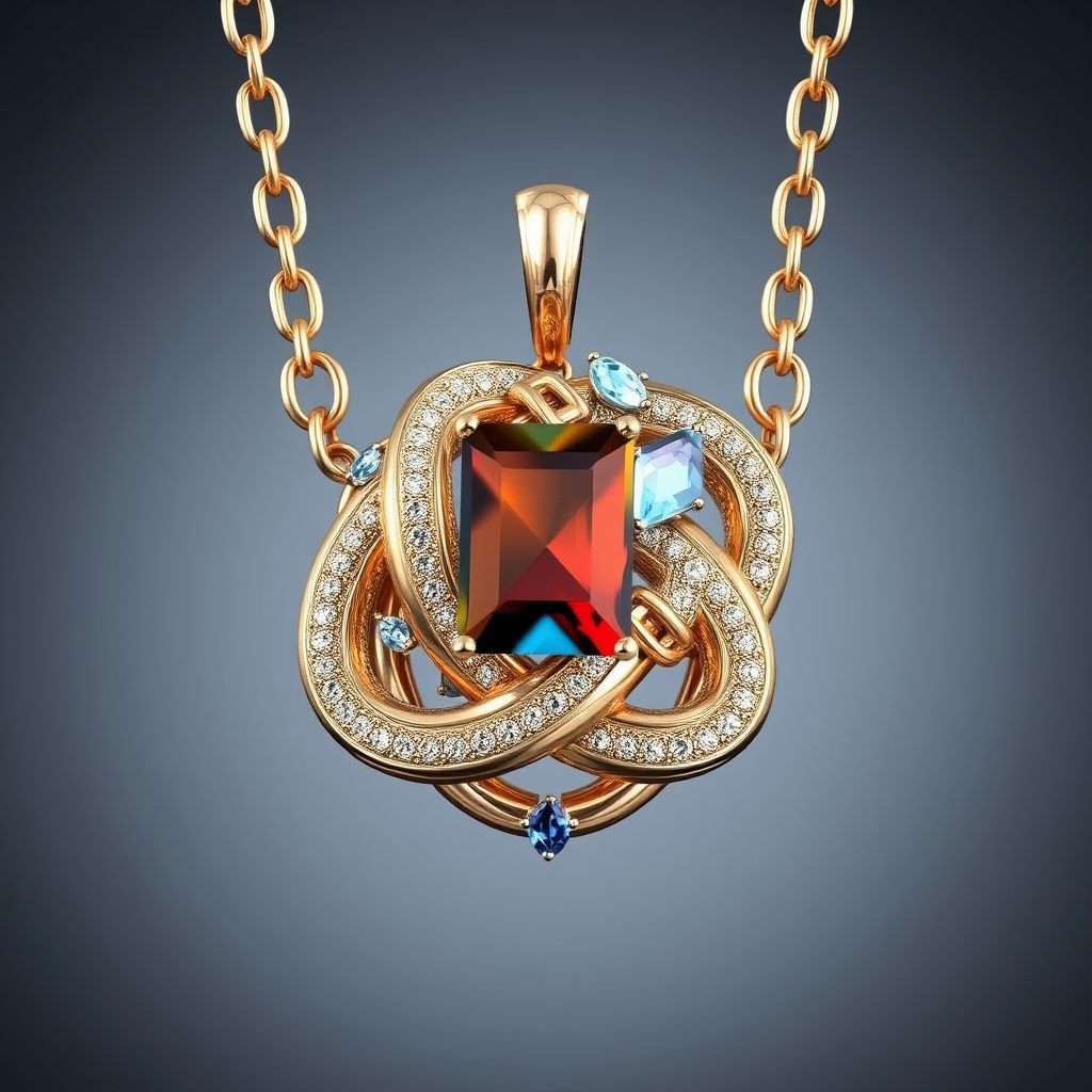 a Celtic trinity knot shaped 50 carat asscher-cut  gemstone and Navette-cut blue sapphire gemstone, FL IF clarity gold chain necklace