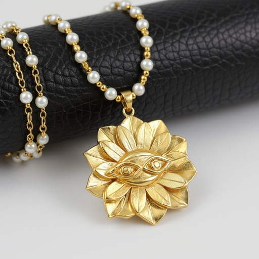 Кулон на длинной цепочке. Матовое светлое золото. В цепочке небольшие золотые шарики и жемчуг. Кулон в виде двух глаз над ними лотос узоры завитушки 