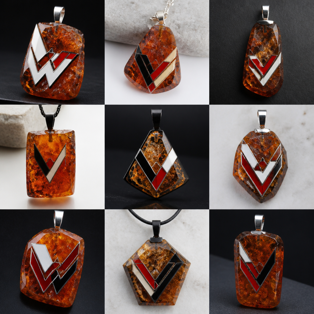 Rakto pakabukas is grubaus gintaro su EVW sports logotipu raudona juoda balta spalvos daug variantu
photorealistic jewelry design, Rakto pakabukas is grubaus gintaro su EVW sports logotipu raudona juoda balta spalvos daug variantu, geometric style, just the design no text