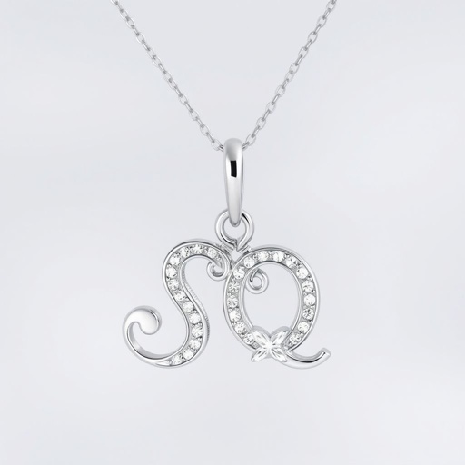silver necklace with the pendant in letter letters SQ with white  stones. Make it cute and simple 