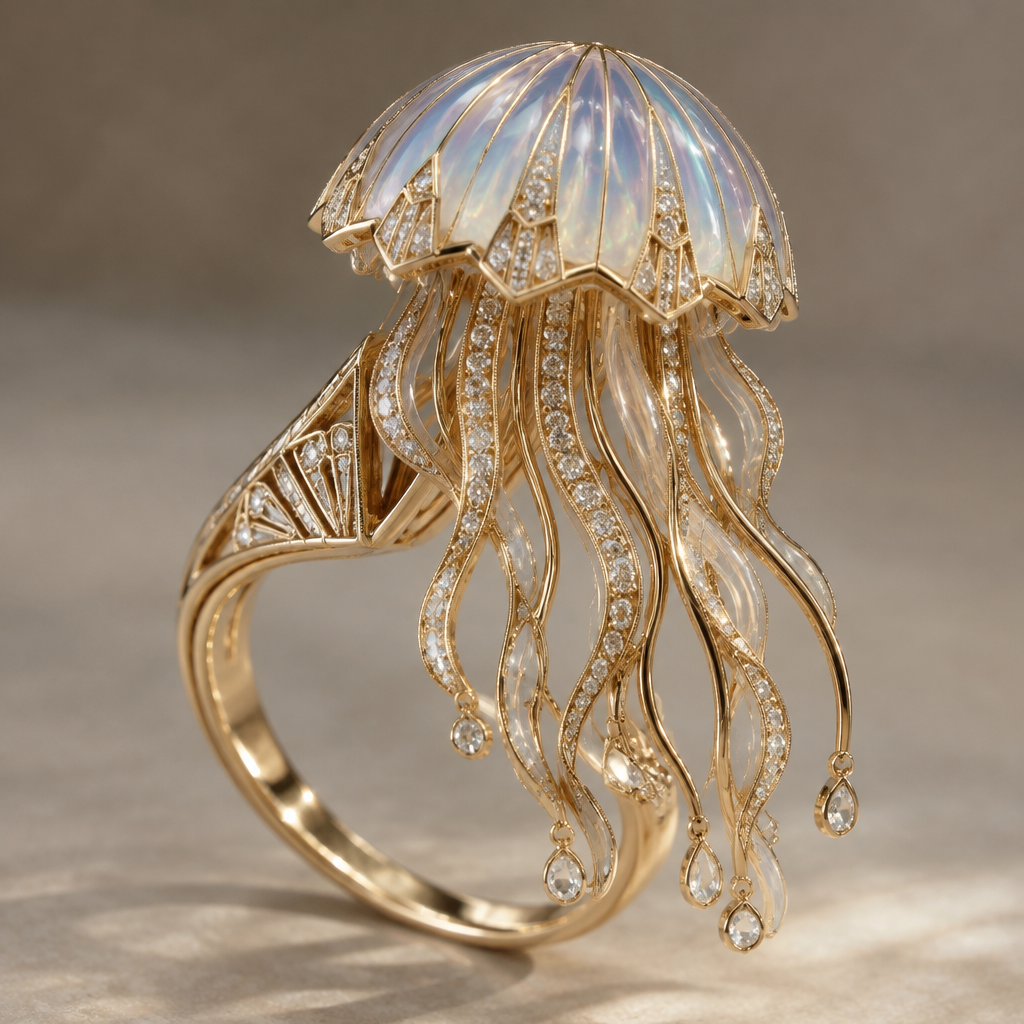Design a jellyfish ring
photorealistic jewelry design, Design a jellyfish ring
, art_deco style, just the design no text