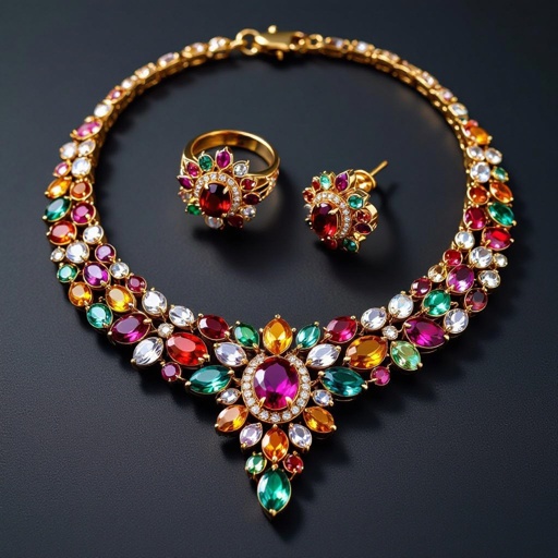 Necklace and ring and earring with luxury colorful jewel with gold