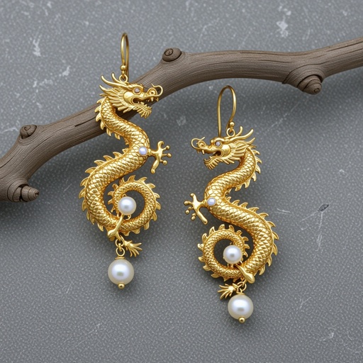 Золотые серьги с изображением дракона узоры и жемчуг 