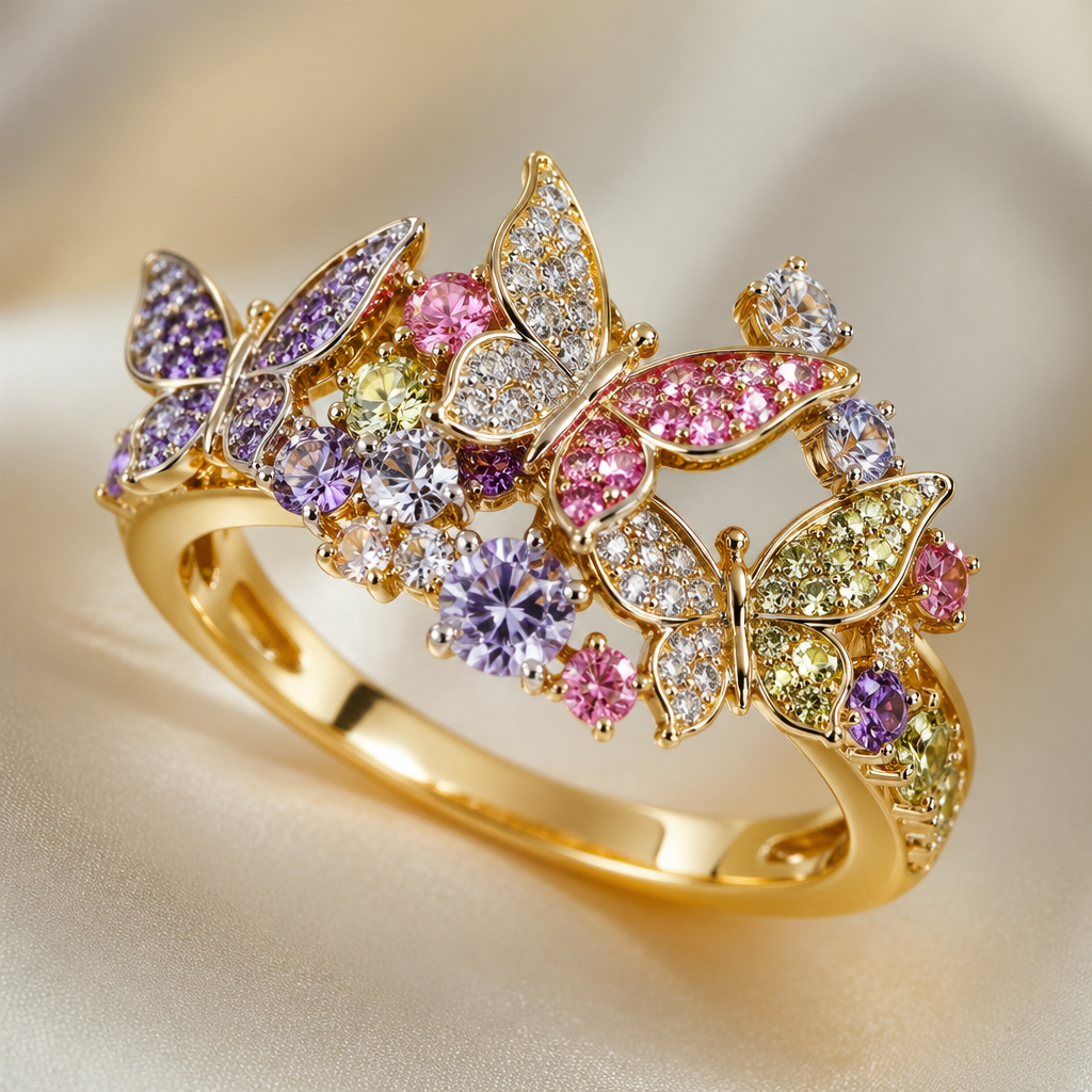 A women's ring. un anillo de mariposas y diamantes de colores con baño de oro
photorealistic jewelry design, A women's ring. un anillo de mariposas y diamantes de colores con baño de oro, modern style, just the design no text