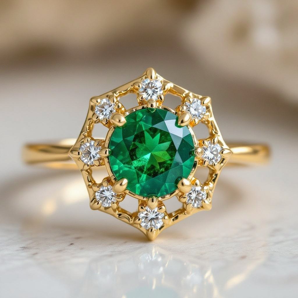 Anillo en oro con esmeralda trapiche redonda y solo 6 diamantes al rededor que tibuje un hexágono en el metal