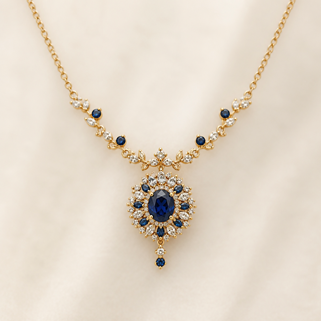 A halo women's necklace made of gold with sapphire and topaz stones suitable for daily wear, highly ornate, intricate and elaborate, richly detailed. delicado y sencillo
photorealistic jewelry design, A halo women's necklace made of gold with sapphire and topaz stones suitable for daily wear, highly ornate, intricate and elaborate, richly detailed. delicado y sencillo, halo style, just the design no text