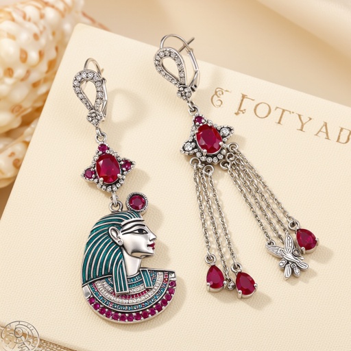 Zototy long earrings with a pendant symbolic image of the Egyptian god Ra with a bird's head symbol of the sun long chains