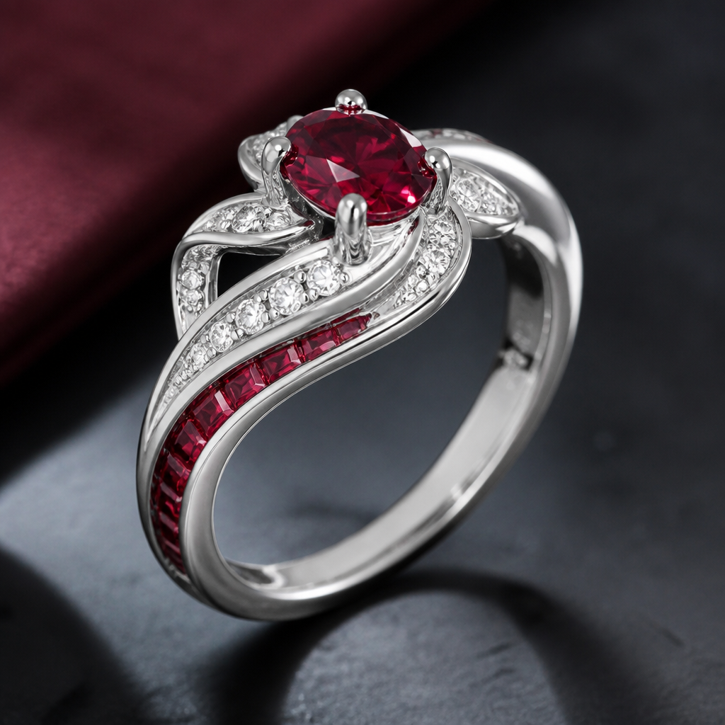 A modern women's ring made of white gold with ruby and diamond stones suitable for engagement. un anillo estilo moderno para regalar cuando le estás proponiendo matrimonio a alguien y q tenga un estilo q nadie allá visto q sea único y q tenga la combinación de ruibi y diamantes y por los lados q tenga unas líneas q agan q se vean súper lindo
photorealistic jewelry design, A modern women's ring made of white gold with ruby and diamond stones suitable for engagement. un anillo estilo moderno para regalar cuando le estás proponiendo matrimonio a alguien y q tenga un estilo q nadie allá visto q sea único y q tenga la combinación de ruibi y diamantes y por los lados q tenga unas líneas q agan q se vean súper lindo, modern style, just the design no text