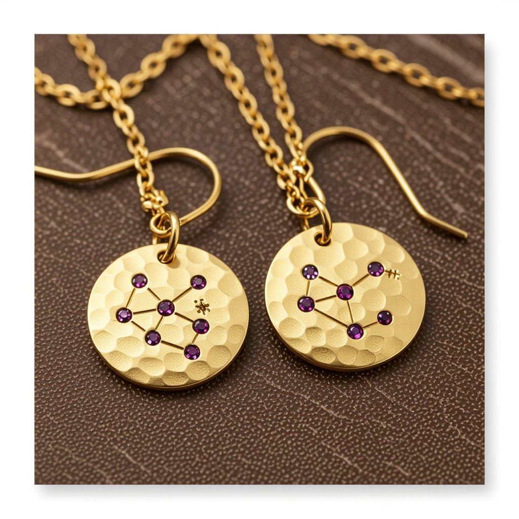 Серьги длинные на цепочках матовое золото мятое. Символ схематично созвездие. Маленькие фиолетовые камушки