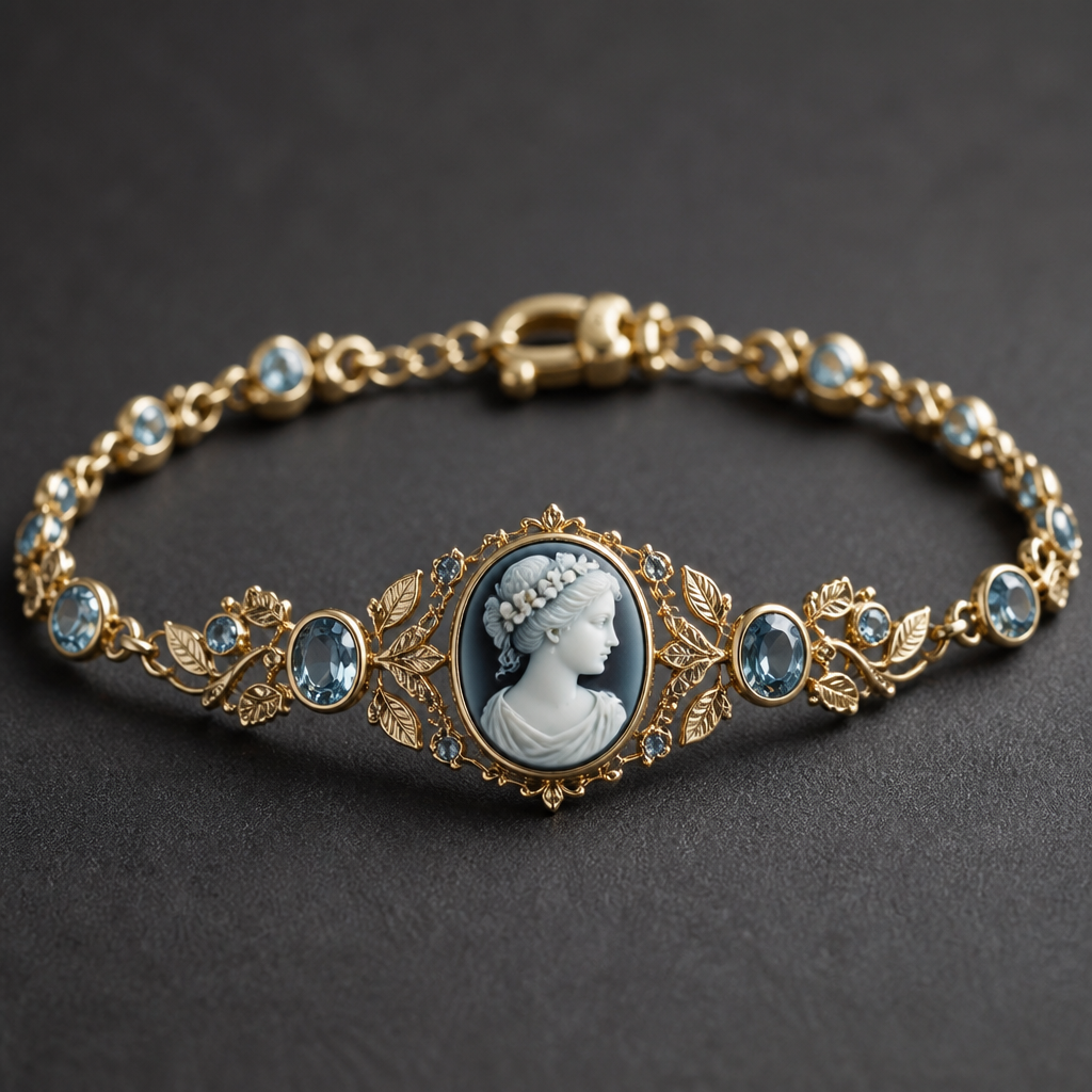 A cameo women's bracelet made of gold with aquamarine stones suitable for daily wear, highly ornate, intricate and elaborate, richly detailed. delicado y sencillo con ramitas
photorealistic jewelry design, A cameo women's bracelet made of gold with aquamarine stones suitable for daily wear, highly ornate, intricate and elaborate, richly detailed. delicado y sencillo con ramitas, cameo style, just the design no text