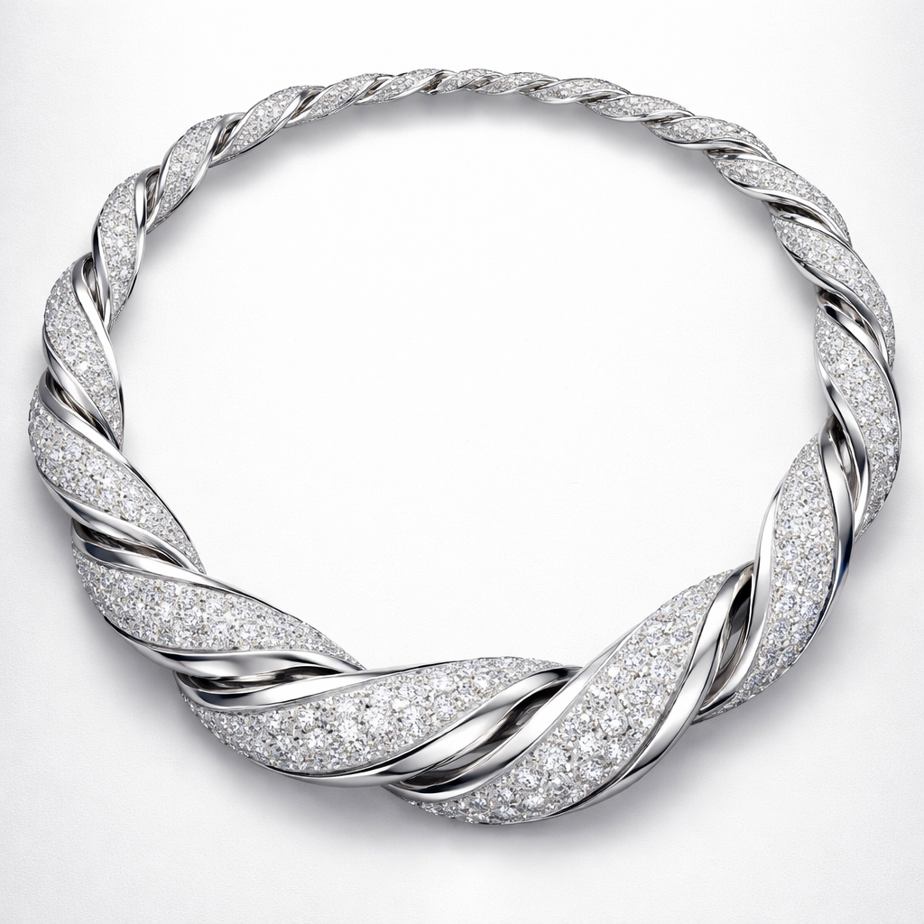 A necklace that is twisted and has diamonds and is made of separate pieces that links together