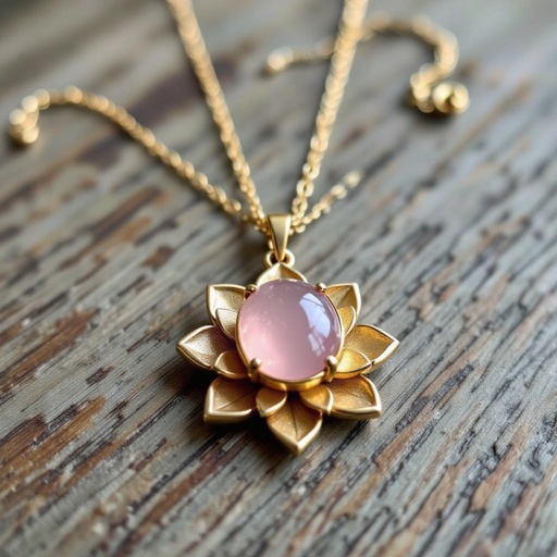 Золотая матовая цепочка. Подвеска матовая лотос шесть лепестков нижние лепестки крупнее верхних  не круглый . В сердце лотоса матовый розовый кварц овальный