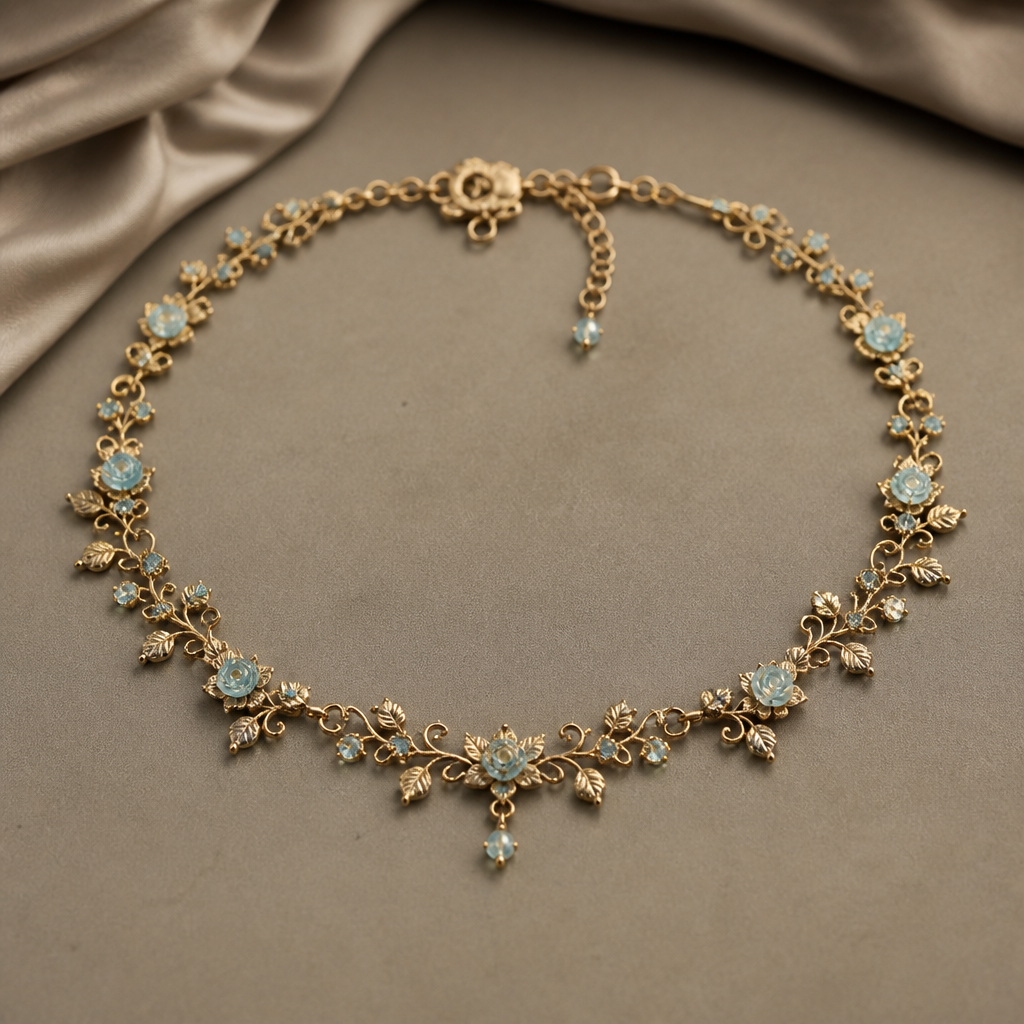 A antique women's anklet made of gold with aquamarine stones suitable for daily wear, highly ornate, intricate and elaborate, richly detailed. delicado y sencillo con pequeñas rosas de topacio
photorealistic jewelry design, A antique women's anklet made of gold with aquamarine stones suitable for daily wear, highly ornate, intricate and elaborate, richly detailed. delicado y sencillo con pequeñas rosas de topacio, antique style, just the design no text