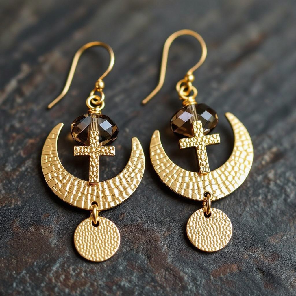 Золотые серьги словно мятое золото в форме узкого изящного полумесяца. Верхушка полумесяца крепится к застежке серьги. К нижней части полумесяца крепятся три подвески: миниатюрный золотой египетриский крест, очень маленький кристалл раухтопаза и маленький золотой кружочек с мятым эффектом плоский