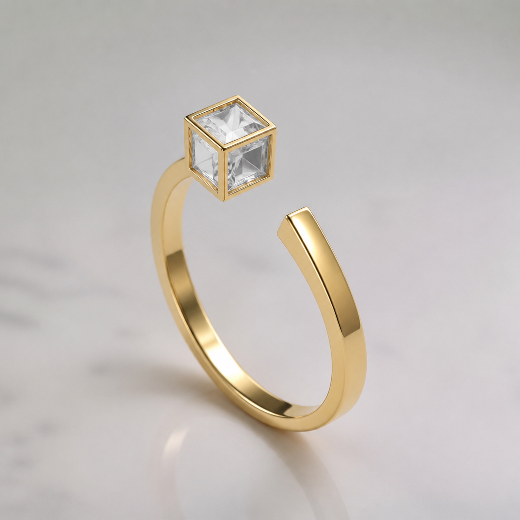 A women's ring. one side cube diamond and other side nothing
photorealistic jewelry design, A women's ring. one side cube diamond and other side nothing, modern style, just the design no text