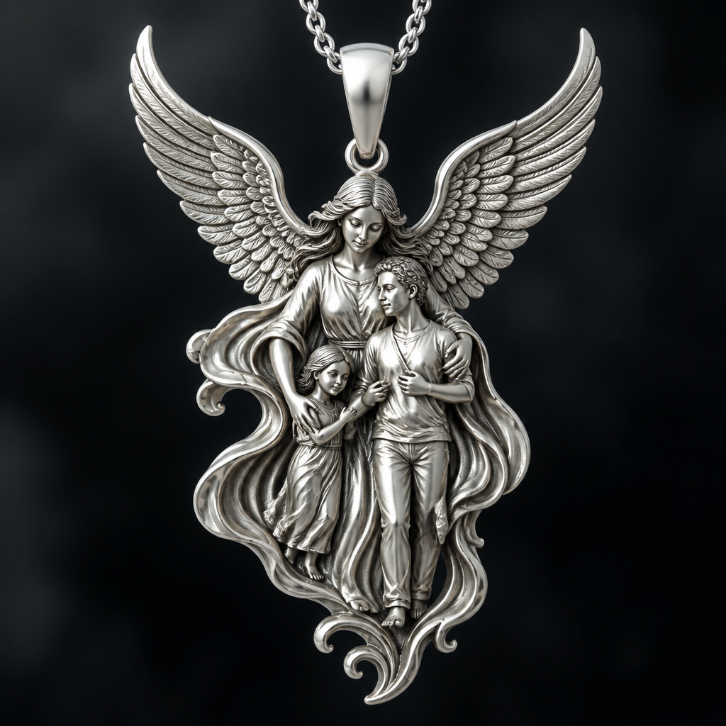 A modern women's pendant made of silver suitable for festival. An extraordinary excellent beautiful delicate and elegant pendant with the Guardian Angel with a beautiful delicate and elegant face, with long hair, with big wings flying, with a beautiful delicate elegant and with beautiful curves at her body, with a beautiful delicate and elegant tunic holding a child and an adult with its hands protecting them and guiding them on the way of the Holy Trinity. Sawing the way of the Holy Trinity.
