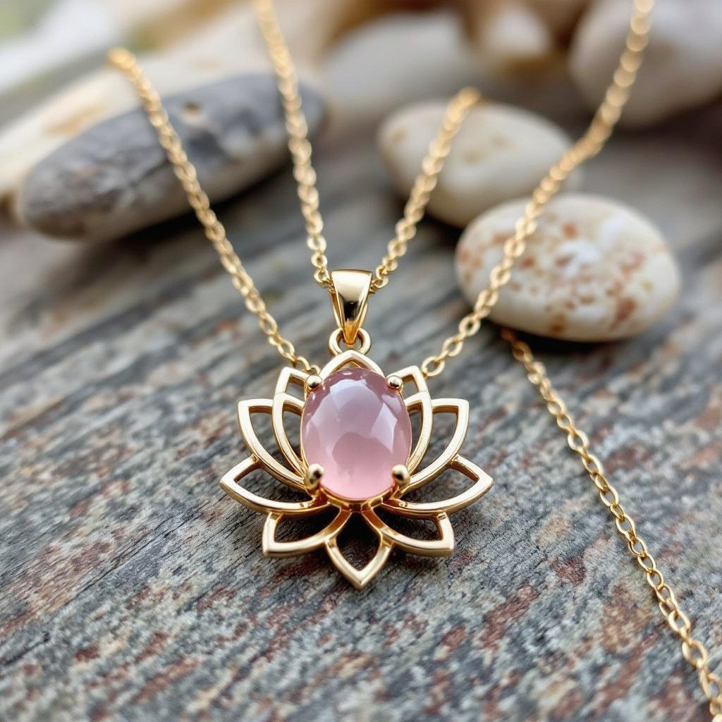 Золотая матовая цепочка. Подвеска лотос шесть лепестков. В сердце лотоса матовый розовый кварц овальный