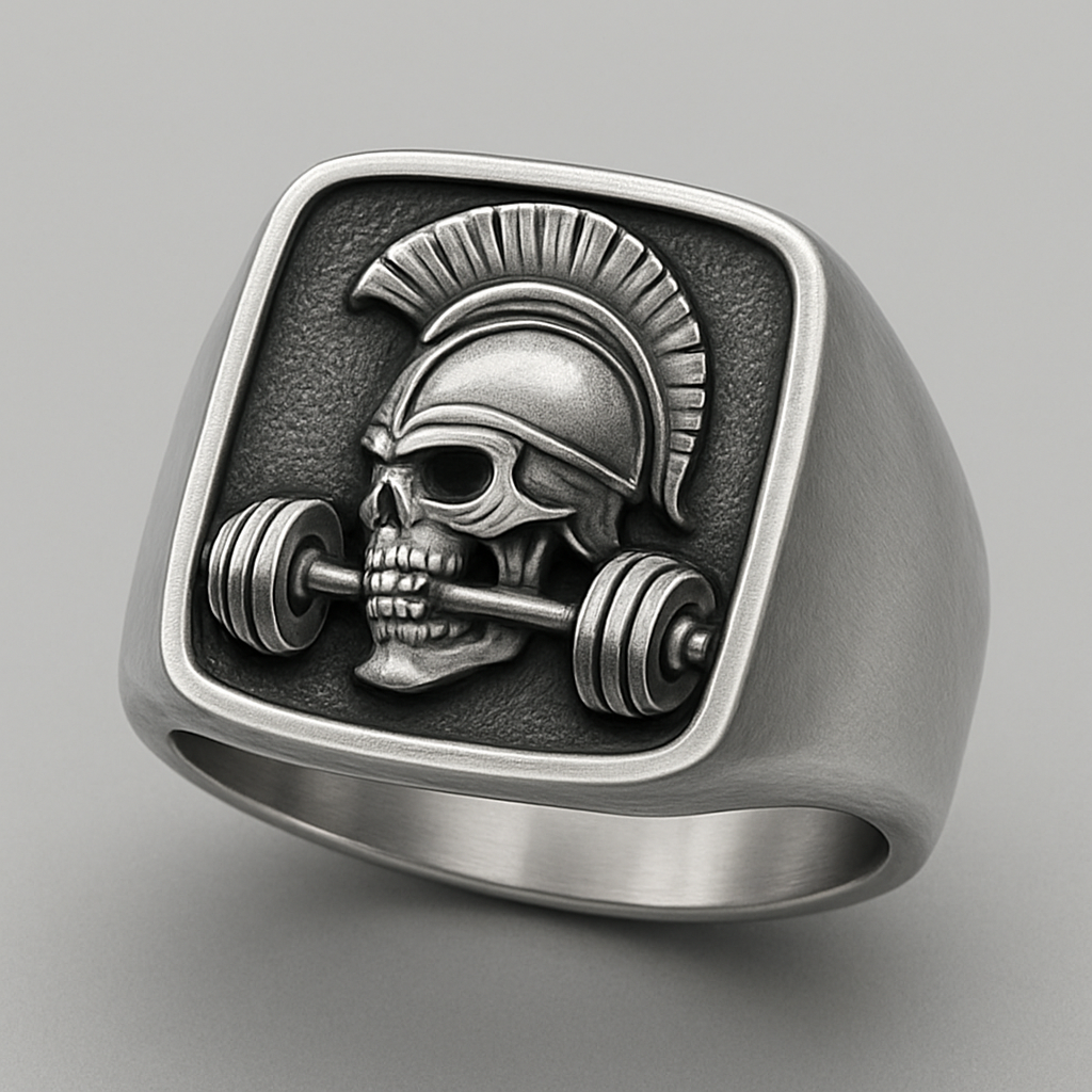 Silver signet ring with spartan skull biting barbell