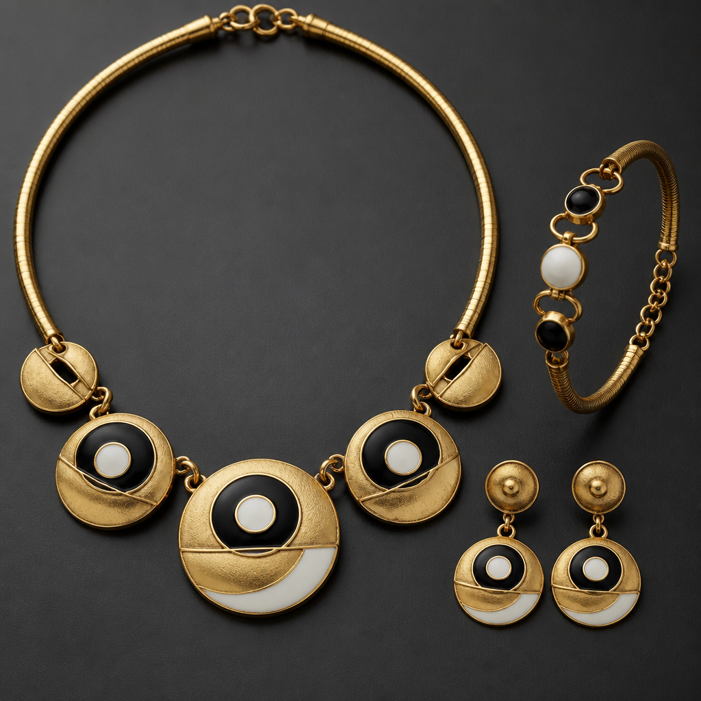 Prompt: A luxurious 21k gold jewelry set consisting of a necklace, bracelet, and earrings. The design is a sophisticated blend of semicircles and circular rings. The gold has a rich, deep yellow color with a distinct matte texture and soft satin finish. Decorated with intricate, delicate enamel work (enameling) in contrasting solid black and pure white colors. High-end jewelry design, professional macro photography, soft studio lighting highlighting the matte gold texture and sharp enamel details, minimalist dark grey background, 8k resolution. --ar 4:3 --v 6.0
