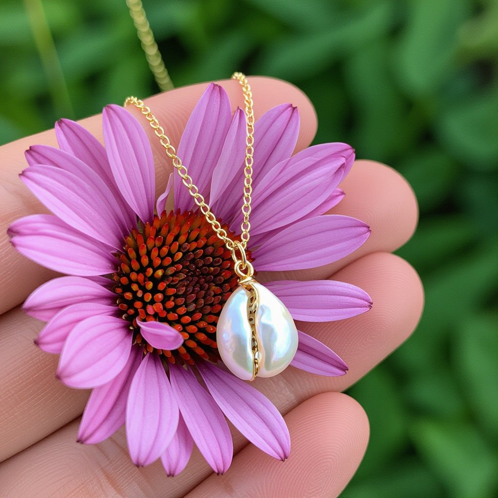 Украшение на шею золотая цепочка с подвеской в виде ракушки с жемчугом внутри