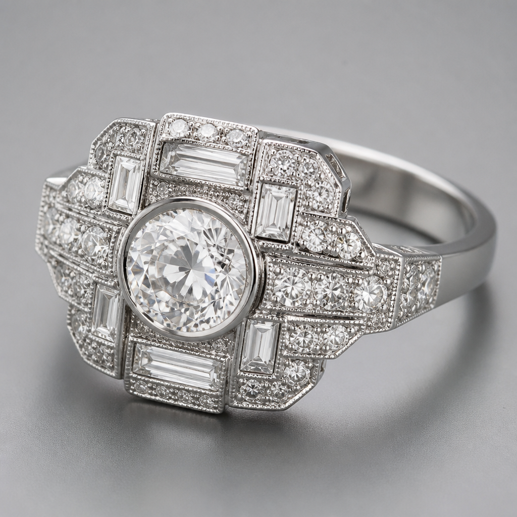 A art deco women's ring made of platinum with diamond stones
photorealistic jewelry design, A art deco women's ring made of platinum with diamond stones, art_deco style, just the design no text