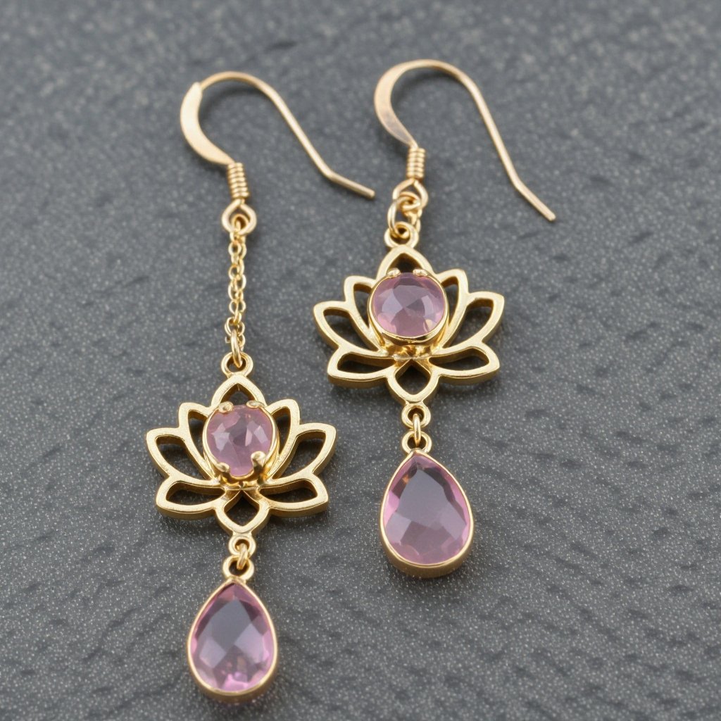 Светлое матовое золото. Серьги с лотосом на длинных цепочках. По центру лотоса камень необрабаботанного розового кварца, от лотоса идет цепочка с еще одним камнем кварца на конце. Серьги тонкие и легкие