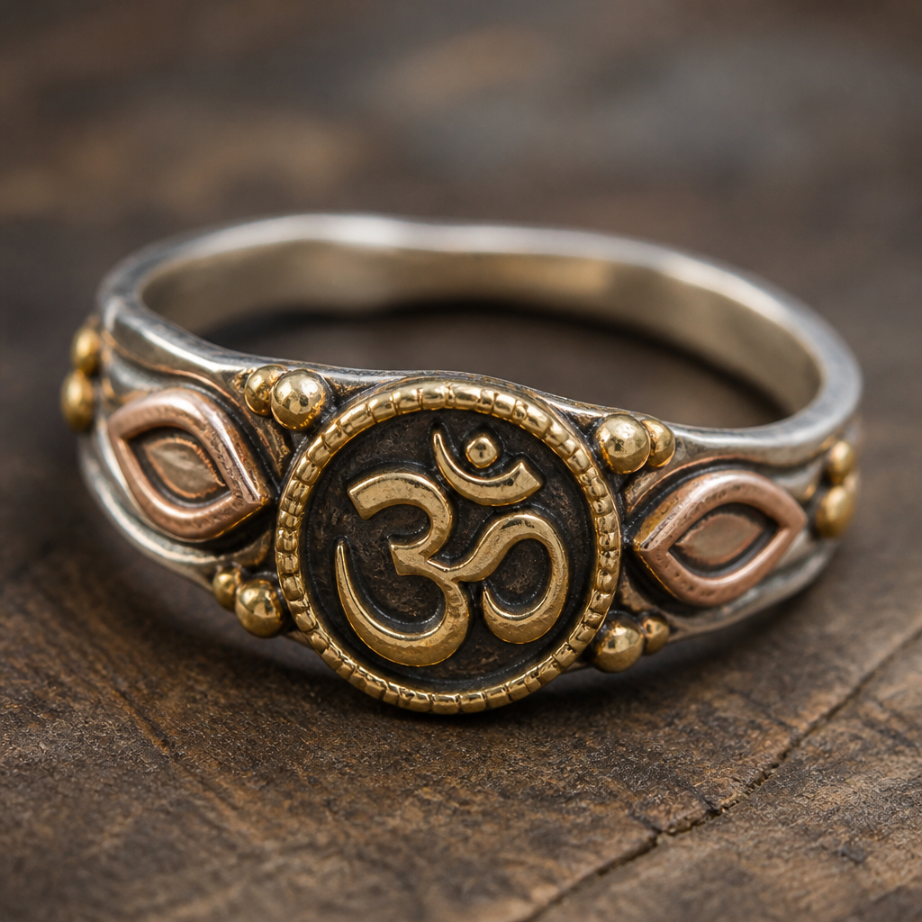A bohemian women's ring made of mixed metal suitable for daily wear. make an symbol of om π in center
photorealistic jewelry design, A bohemian women's ring made of mixed metal suitable for daily wear. make an symbol of om π in center, bohemian style, just the design no text