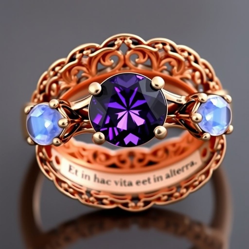 A simple, three stone 18 karat rose gold engagement ring set with a circular purple alexandrite. Also set with a small half moon cut blue chalcedony on one side right next to it, and a small half moon cut moonstone set on the other side right next to it. On the inside of the band, it has an inscription reading, “Tuum. Et in hac vita et in altera.”