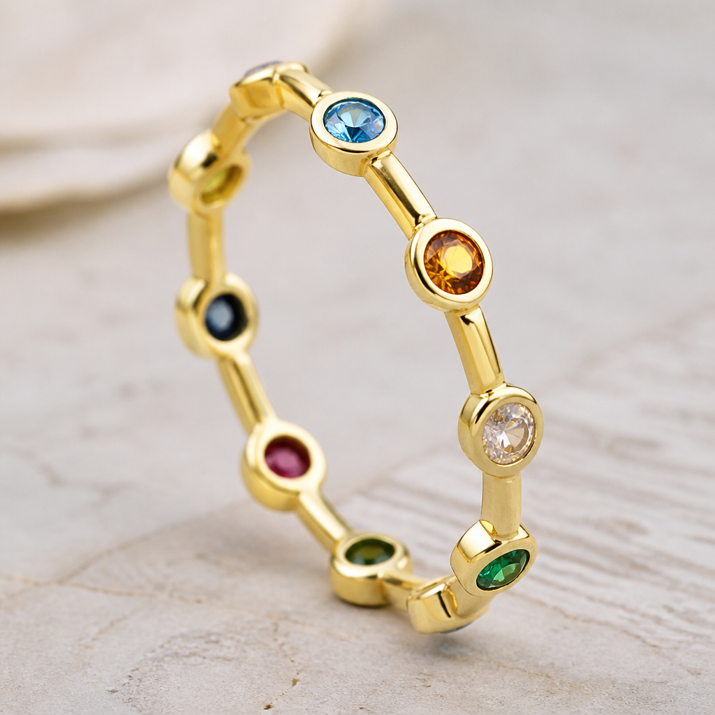 A bezel eternity band yellow gold. 10 stones total of different colors with some space in between them
photorealistic jewelry design, A bezel eternity band yellow gold. 10 stones total of different colors with some space in between them , eternity style, just the design no text