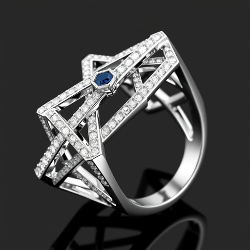 Geomatric architecture ring white gold of white diamonds and blue sapphire of edgey style and vibe