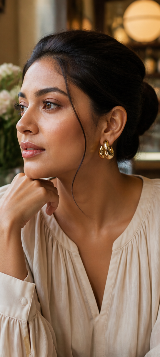 Jewelry photoshoot (worn)
Show the jewelry piece from the image worn by an elegant model in a professional editorial photograph, soft studio lighting. Reproduce the jewelry's exact design, metal, stones and details faithfully. Photorealistic, no text. Additional instructions: I want a South Asian woman, specifically an Indian woman, wearing this piece of jewelry exactly in regular wear, in a dress. The woman should be in brunch mode that is suitable for a date night, not extra revealing. The cloth should be proper for a brunch date. Also, I want you to give a nice close-up picture that will be useful for viewing or looking at the jewelry. The lighting should be great, and the background should be aesthetic..