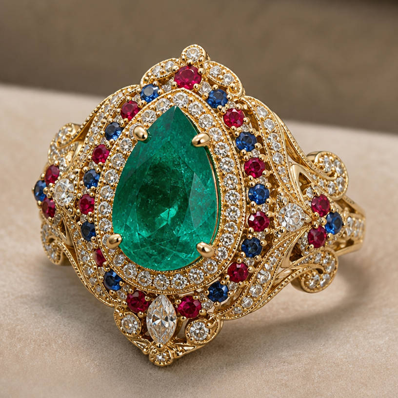 A women's ring made of gold with diamond and ruby and sapphire and emerald stones, highly ornate, intricate and elaborate, richly detailed. 1
using the attached image as a visual reference, create A women's ring made of gold with diamond and ruby and sapphire and emerald stones, highly ornate, intricate and elaborate, richly detailed. 1. photorealistic, just the design no text