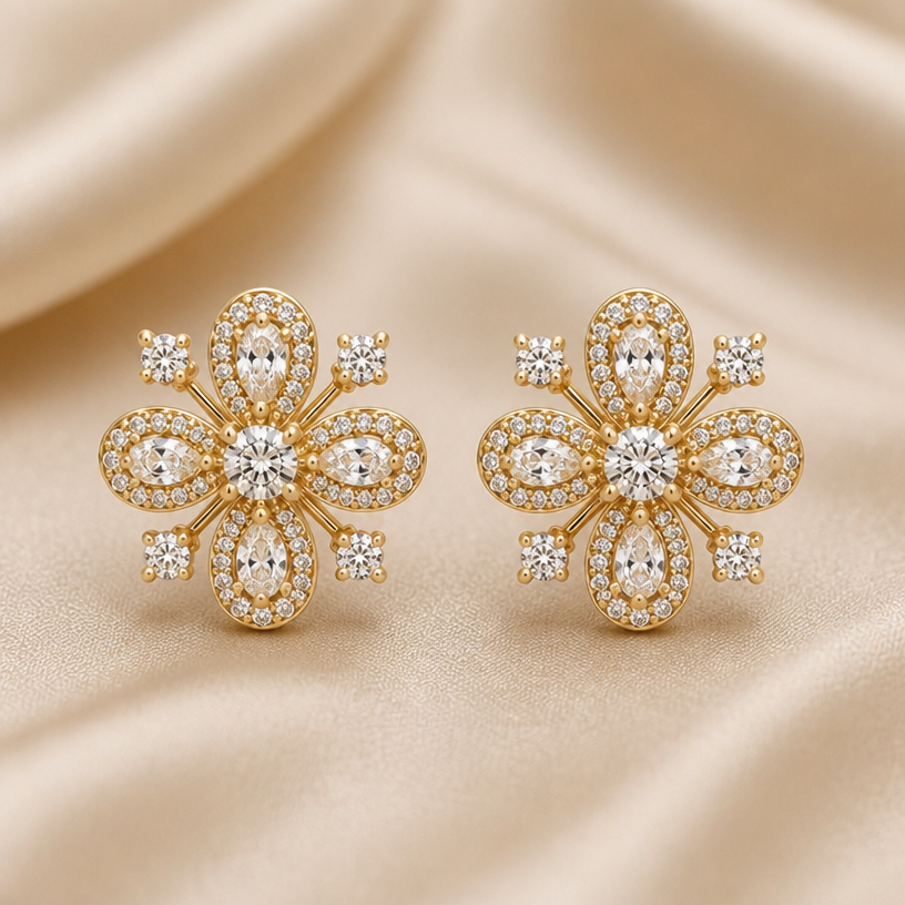 A victorian women's earrings made of gold with diamond stones. a dedicate flower with diamond stone
using the attached image as a visual reference, create A victorian women's earrings made of gold with diamond stones. a dedicate flower with diamond stone. photorealistic, just the design no text