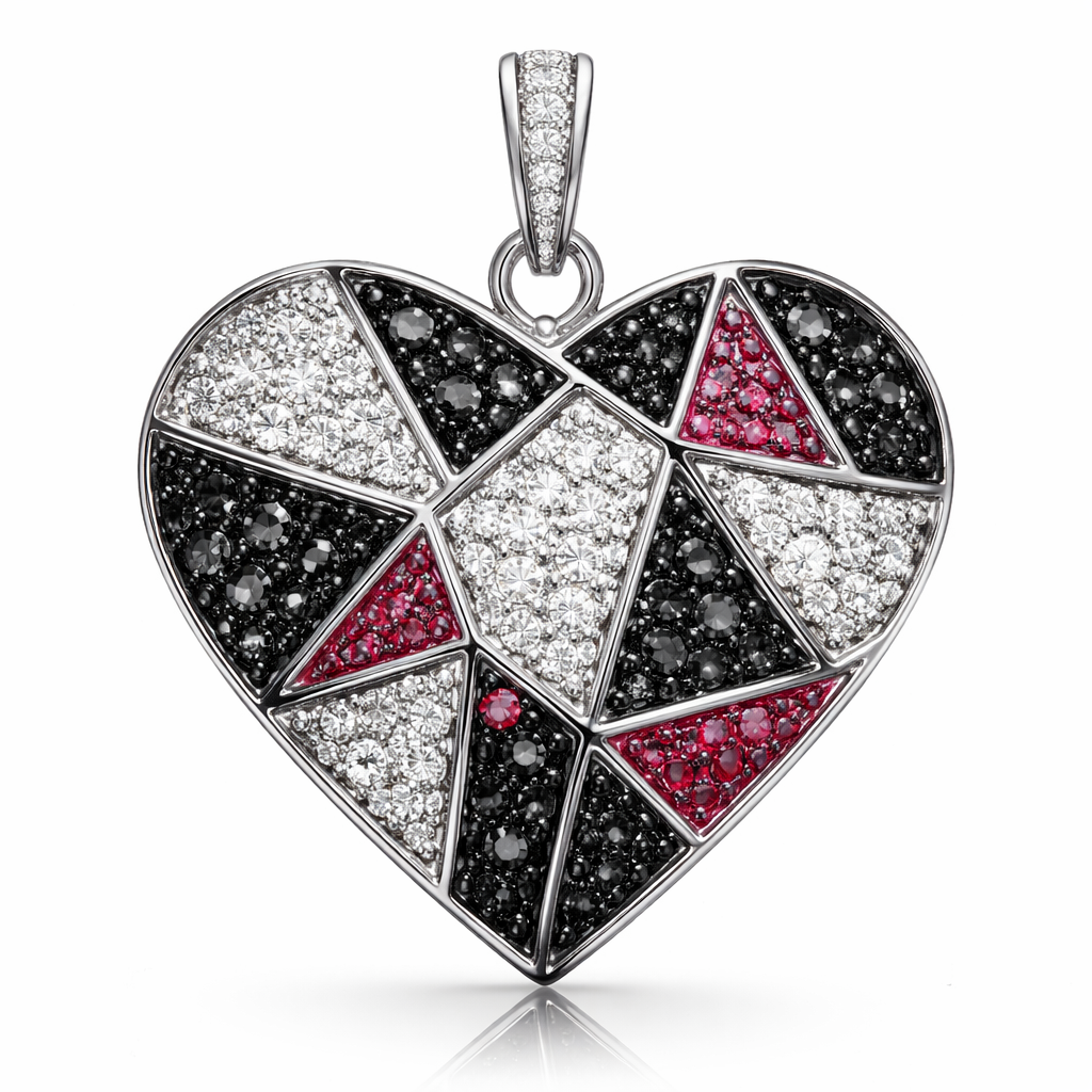 Geomatric pendant of heart of ede style and shape white black diamonds of love shape of little bit atones of ruby of white background
