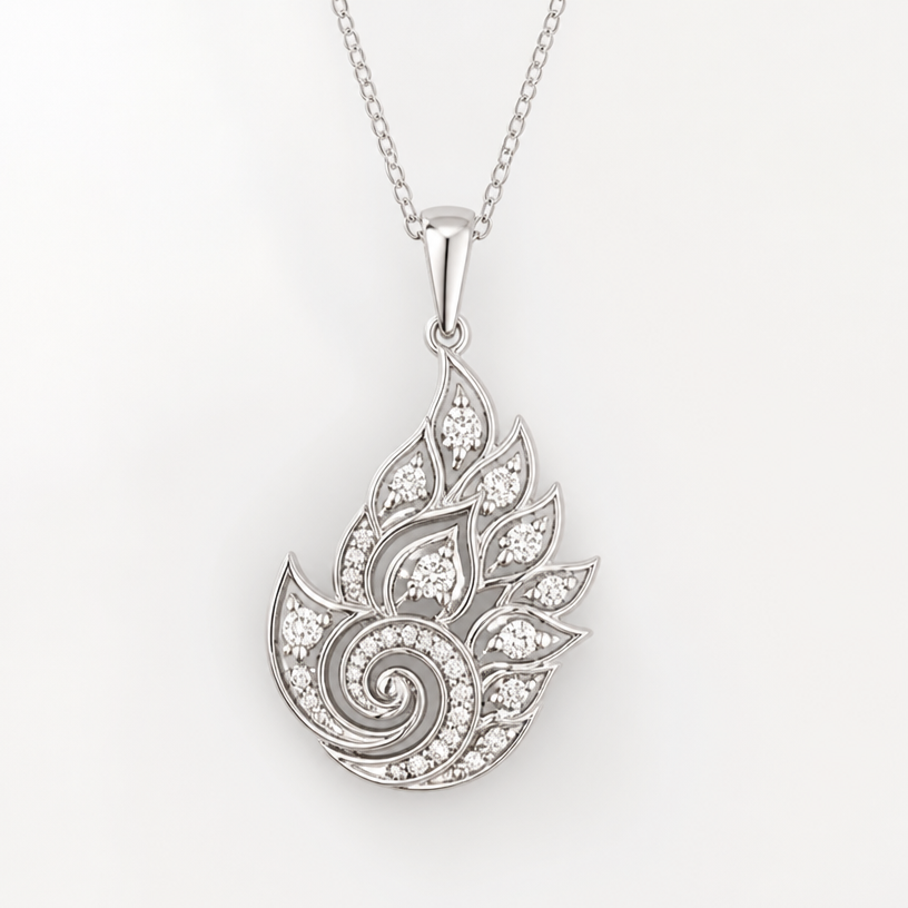 A minimalist women's pendant made of white gold with diamond stones suitable for daily wear. เอาลายไทยมาเป็นส่วนประกอบ, cost 300$
using the attached image as a visual reference, create A minimalist women's pendant made of white gold with diamond stones suitable for daily wear. เอาลายไทยมาเป็นส่วนประกอบ, cost 300$. photorealistic, just the design no text