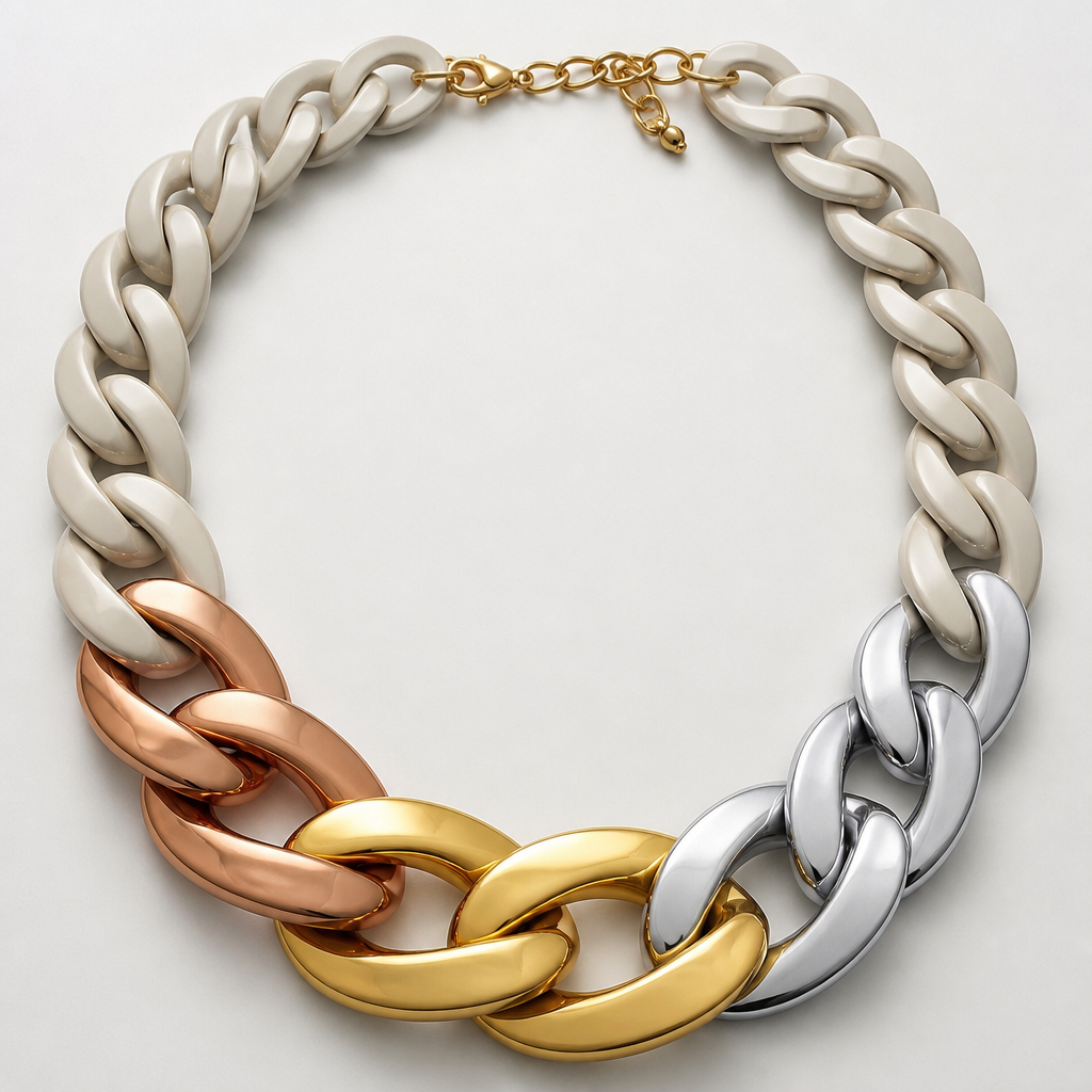 A women's necklace. create a chunky Cuban links style plastic necklace that is graduated and exaggerated in the first three links.colors: alternating copper, gold and silver
photorealistic jewelry design, A women's necklace. create a chunky Cuban links style plastic necklace that is graduated and exaggerated in the first three links.colors: alternating copper, gold and silver, modern style, just the design no text