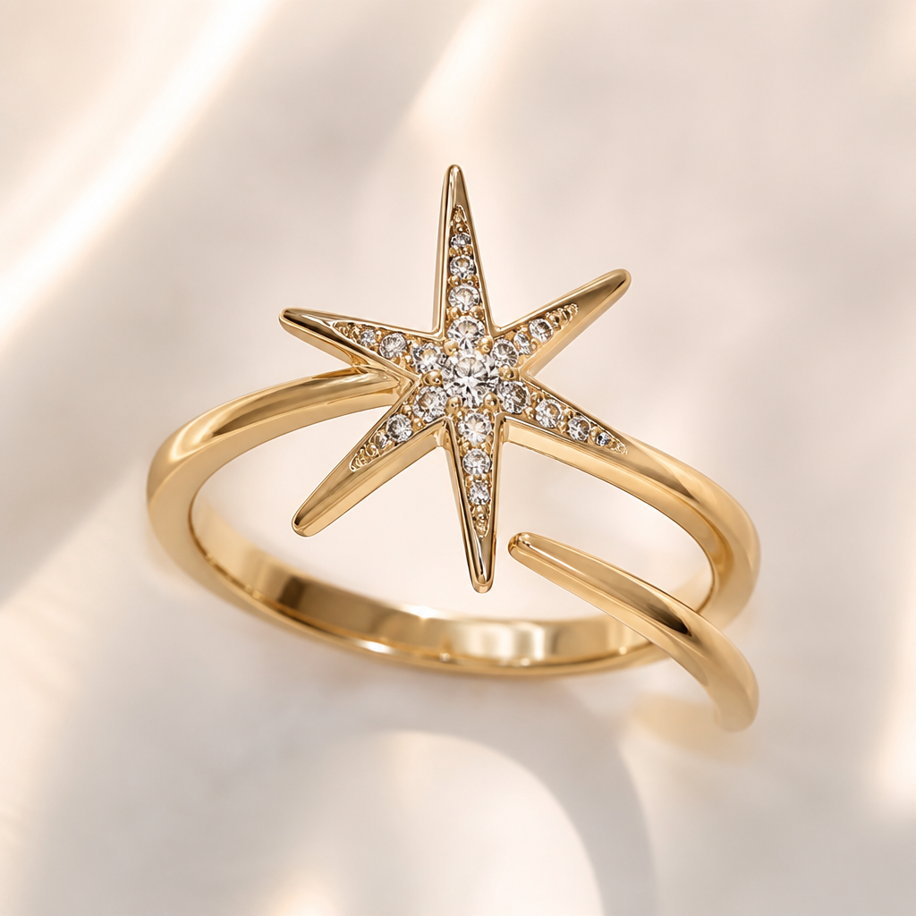A women's ring. bague fantaisie étoile
photorealistic jewelry design, A women's ring. bague fantaisie étoile, modern style, just the design no text