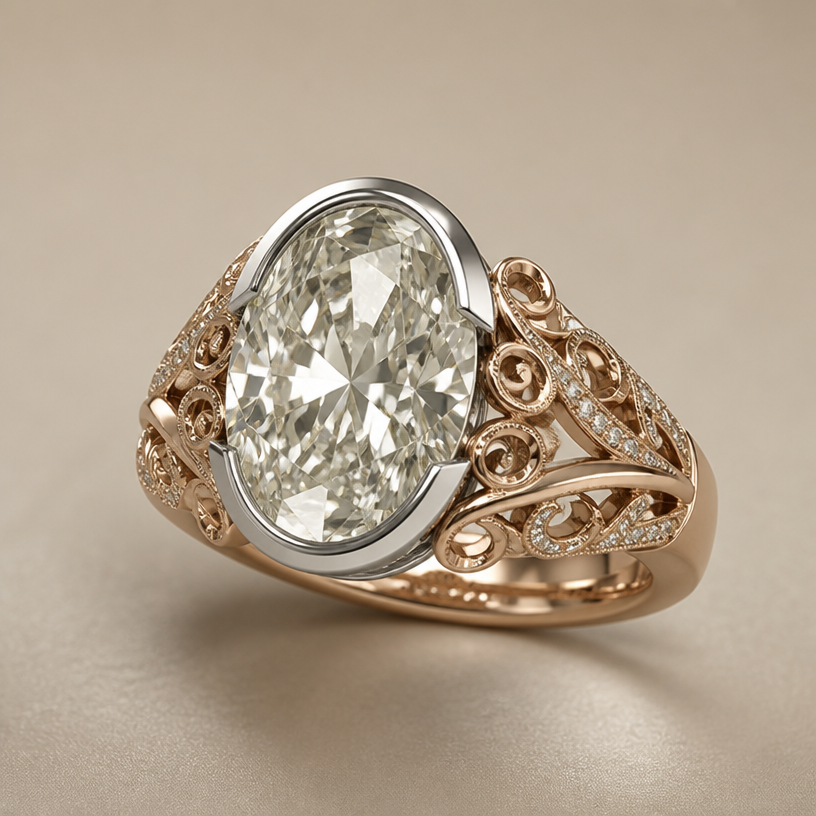 A women's ring, highly ornate, intricate and elaborate, richly detailed. with a 10 ct oval
platinum half bezel like picture
rose gold band
using the attached image as a visual reference, create A women's ring, highly ornate, intricate and elaborate, richly detailed. with a 10 ct oval
platinum half bezel like picture
rose gold band. photorealistic, just the design no text