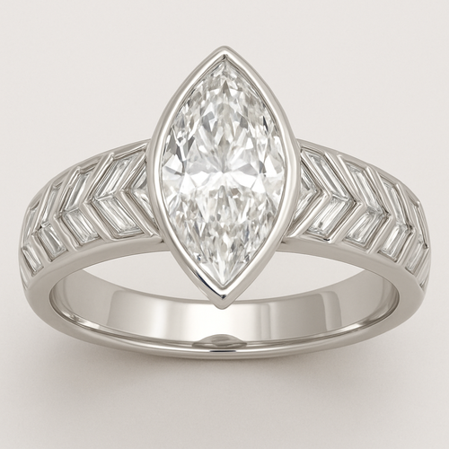 Bezel set 6 carat marquise diamond center stone with baguette diamonds in a herringbone pattern in the band
