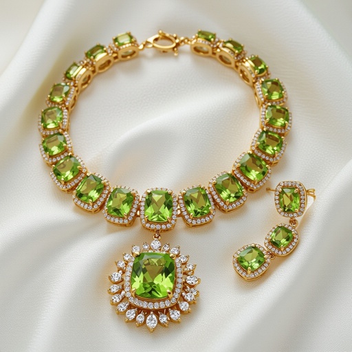 Necklace and earring with peridot and diamond with gold