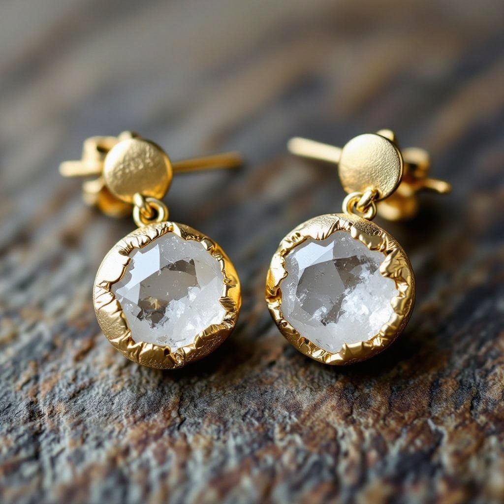 Серьги матовое золото с эффектом неровности Необработанный кварц 