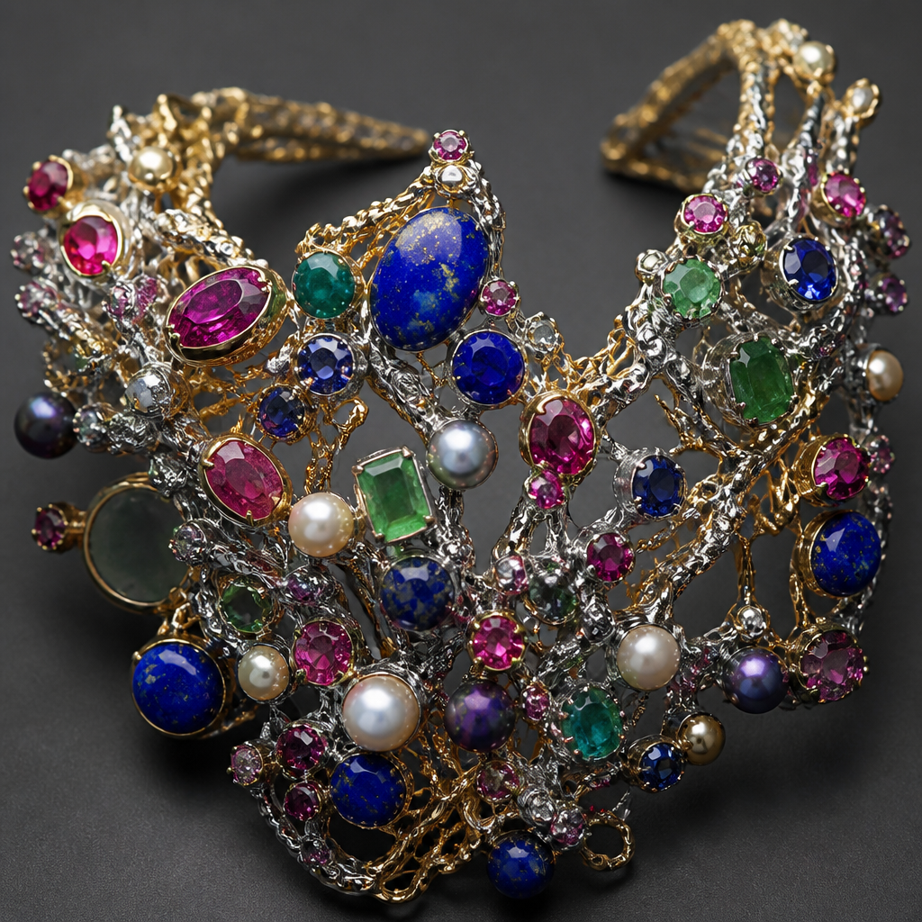 Lapis pearl emerald ruby sapphire gold silver rhodium stringy pink diamonds of various sizes with Finley on it
photorealistic jewelry design, Lapis pearl emerald ruby sapphire gold silver rhodium stringy pink diamonds of various sizes with Finley on it , avant_garde style, just the design no text