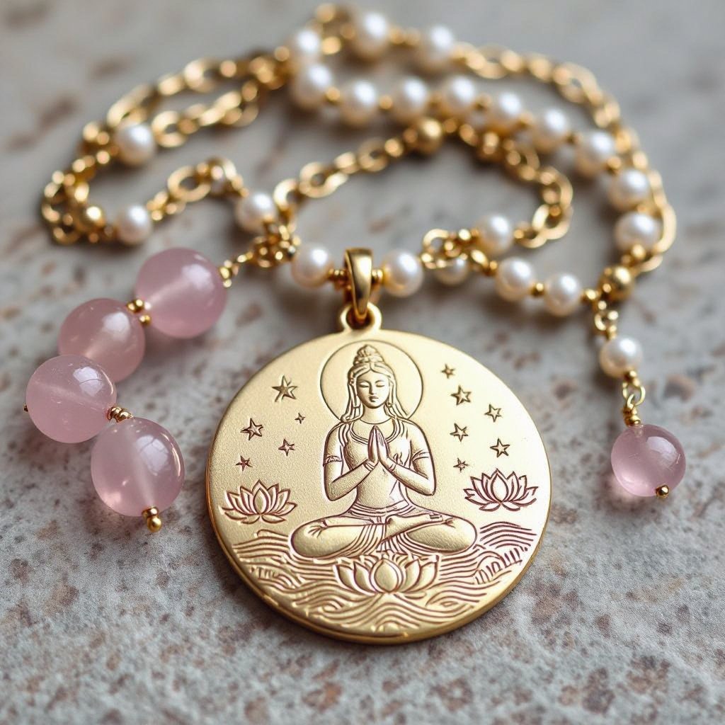 Кулон на длинной цепочке. Матовое светлое золото. В цепочке небольшие золотые шарики и камушки розового необработанного кварца и жемчуга. Кулон в форме неровного мятого круга. На круге изображена девушка с длинными волосами лица не видно в молитве и позе лотоса нечетко. Круг украшен лотосами звездами волнами узорами