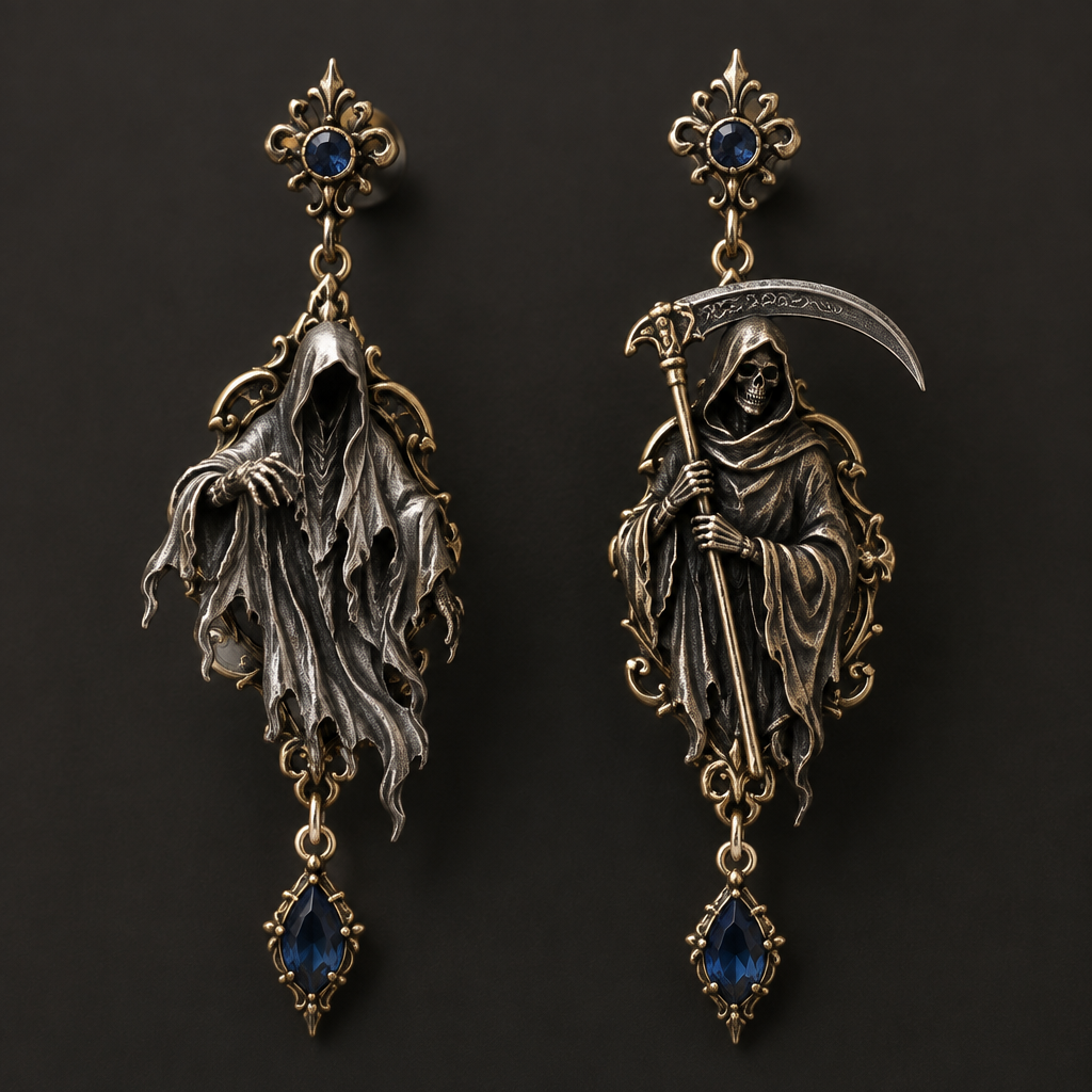 A victorian men's earrings made of mixed metal with sapphire stones suitable for formal. a ghost and a reaper
photorealistic jewelry design, A victorian men's earrings made of mixed metal with sapphire stones suitable for formal. a ghost and a reaper, victorian style, just the design no text