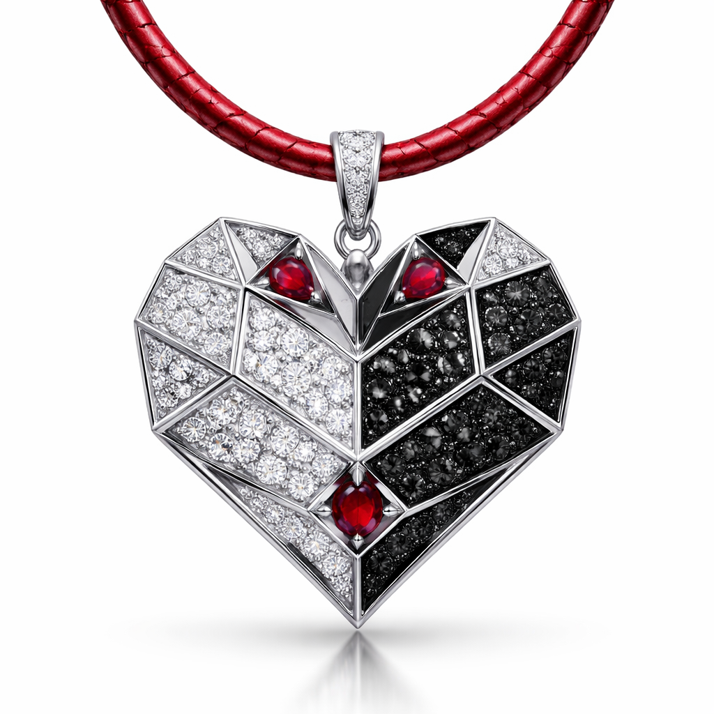 Geomatric pendant of heart of ede style and shape white black diamonds of love shape of little bit of ruby stones and chain of red leather