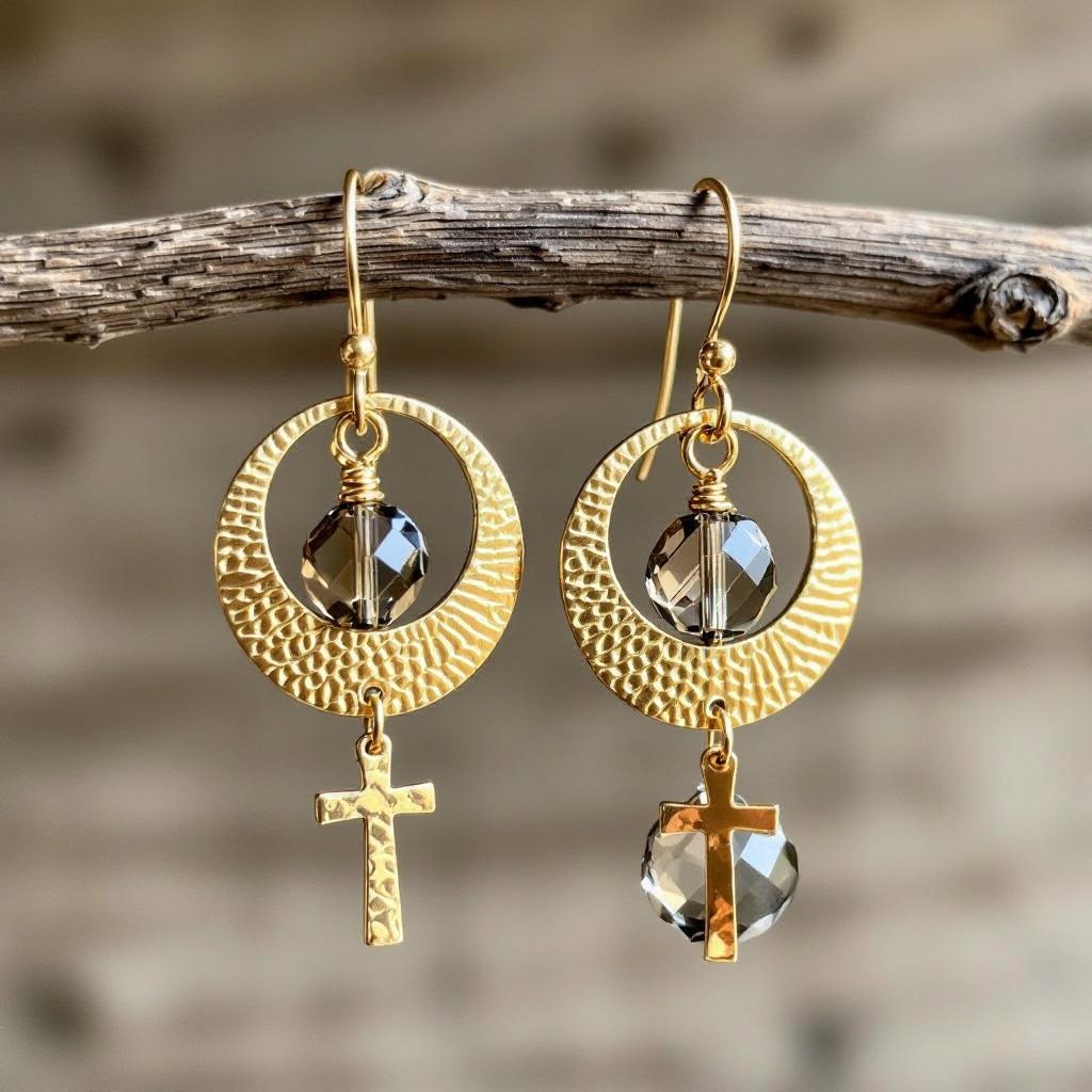 Золотые серьги словно мятое золото в форме узкого изящного полумесяца. Верхушка полумесяца крепится к застежке серьги. К нижней части полумесяца крепятся три подвески: миниатюрный золотой египетриский крест, очень маленький кристалл раухтопаза и маленький золотой кружочек с мятым эффектом плоский